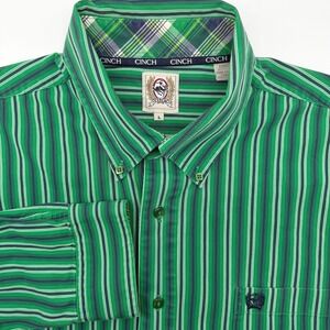 Cinch Button Down Shirt Mens Large Green Striped Western Long Sleeve Cotton